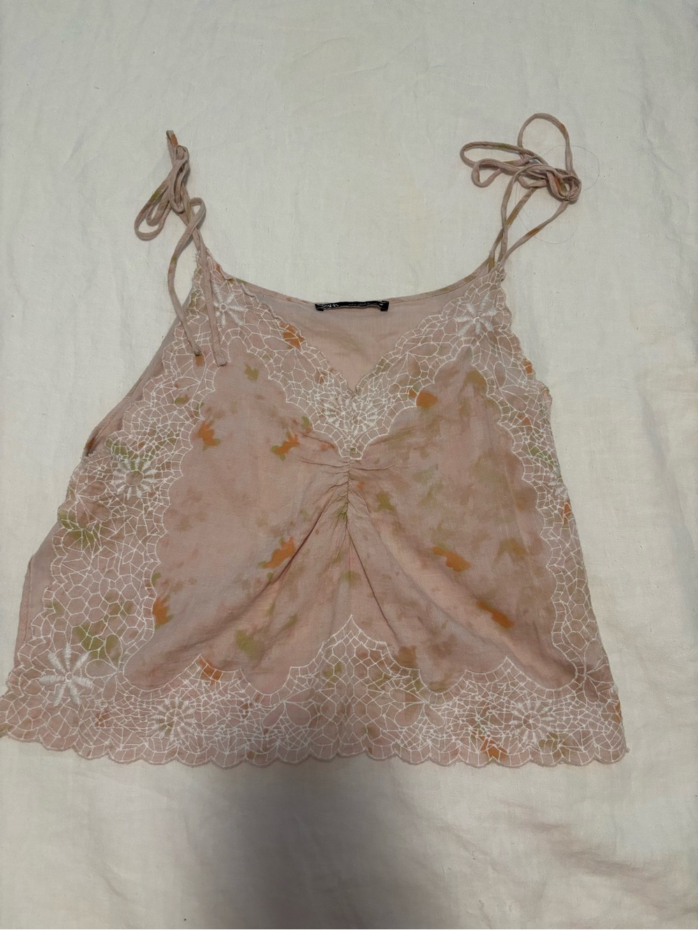 Zara Blush Pink Floral Lace-Trim Tie-Strap Cami